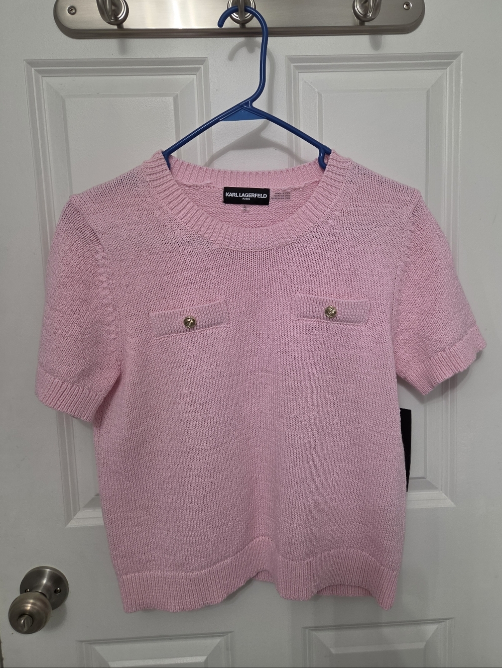 KARL LAGERFELD PARIS Women's Crew Neck Short-Sleeve Sweater Pink Size Petite L